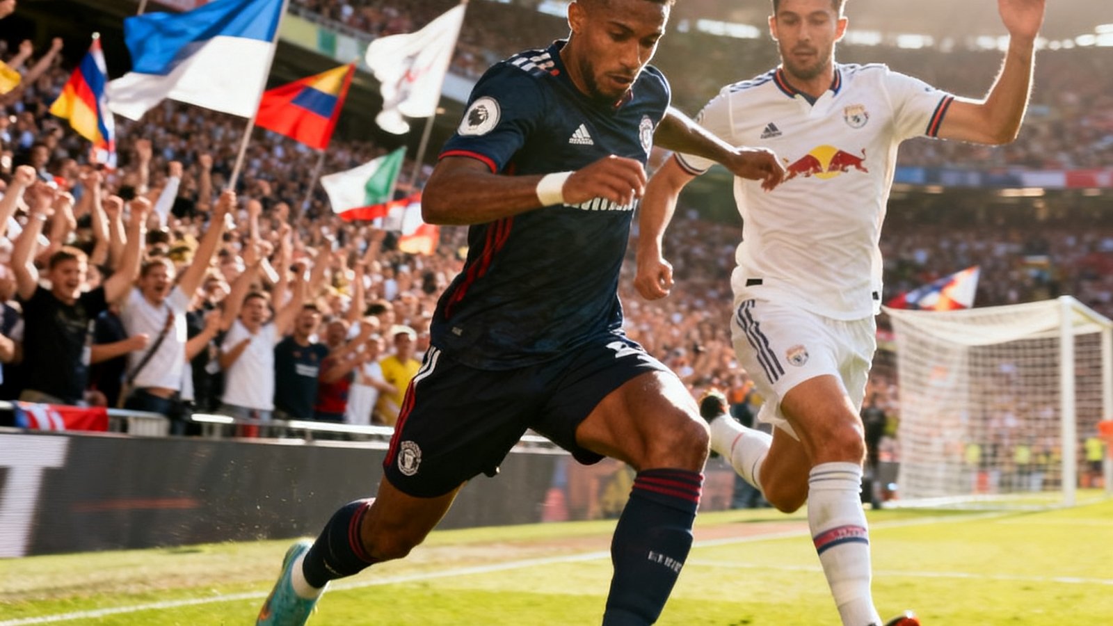 高清足球直播画面截图，一名前锋球员正带球突破对方禁区，身后防守球员紧追不舍，背景观众席上人潮涌动、旗帜飘扬